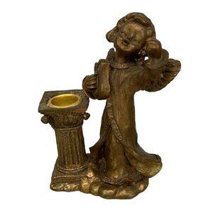 Gold gilded ceramic angel with harp candlestick holder
